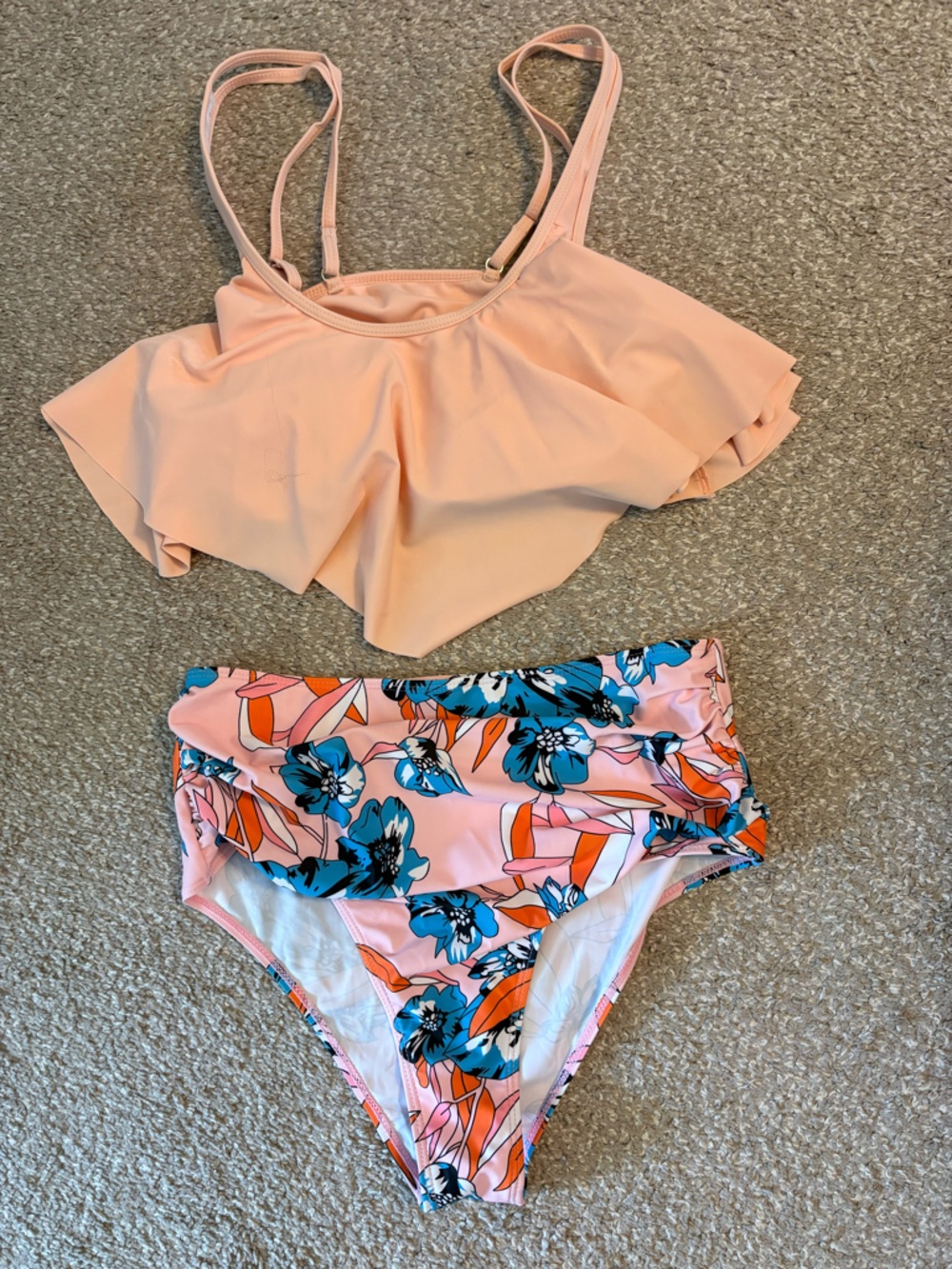 Peach Ruffle Bikini Top with Floral High-Waist Bottoms